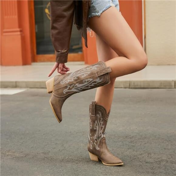 Women Mid-calf Cowboy Boots Pointy Toe Boot Embroidered Western Cowgirl - Picture 6 of 7